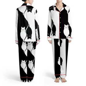 Cat Owner S-Curve Black White White Cat Amber Eyes Black Cat Golden Yellow Eyes Satin Pajamas Set