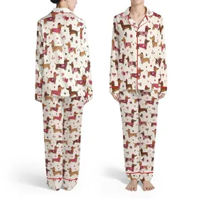 Dachshunds All-Over Print: Tan Chocolate Reddish-Brown Dogs, Hearts Flowers Bows Berets Satin Pajamas Set