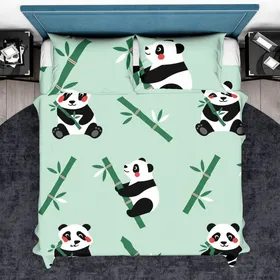 Stylized Geometric Panda Bamboo Design Mint Green Black White Red Accent Bedding Set