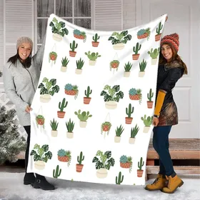 Plant Lover Botanical Potted Succulent Cactus Greenery Full Coverage Design Fleece Blanket