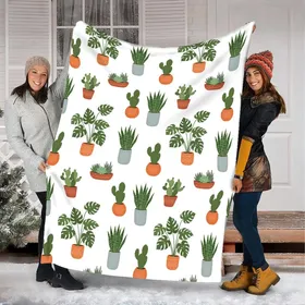 Nature Enthusiast Hand-Painted Potted Plants: Monstera Snake Succulent Cactus Design Fleece Blanket