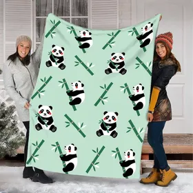 Stylized Geometric Panda Bamboo Design Mint Green Black White Red Accent Fleece Blanket