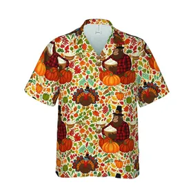 Bigfoot Turkey Hawaiian Pattern: Plaid Pilgrim Feast & Autumn Foliage Short-sleeve Hawaiian Shirt