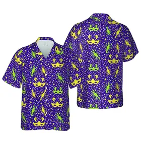 Hawaiian Crawfish Mardi Gras Pattern: Deep Purple, Yellow, Lime Green Stars & Beads Design Short-sleeve Hawaiian Shirt