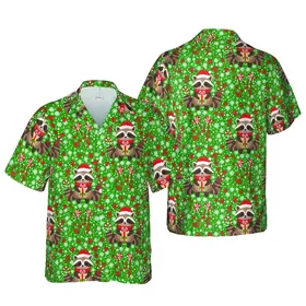 Raccoon Hawaiian Pattern Santa Hats Candy Canes Gifts Christmas Tree Snowflake Fabric Design Short-sleeve Hawaiian Shirt