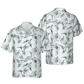 Hummingbird Lover Black Outline Dynamic Flight White Fabric Texture Seamless Hawaiian Print Short-sleeve Hawaiian Shirt