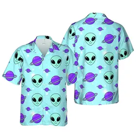 Hawaiian Cosmic Sky Light Blue Alien Heads Purple Planet High Contrast Repeat Short-sleeve Hawaiian Shirt