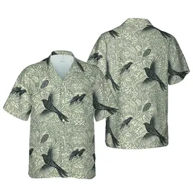 Fine Line Engraving Blackbird Tropical Botanical Pattern Black Cream High Contrast Art Short-sleeve Hawaiian Shirt