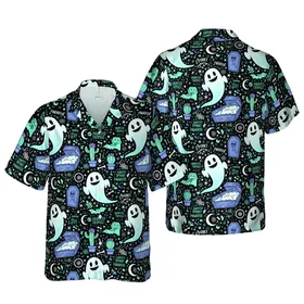 Grinning Ghosts Cacti Bats Coffins Gravestones Moons Bones Stars Black Cyan Lavender White Short-sleeve Hawaiian Shirt