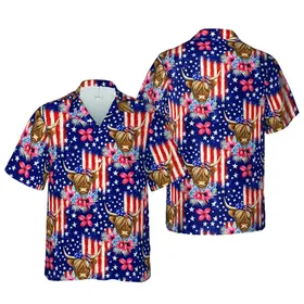 Highland Cow Watercolor Face American Flag Bandana Poppies Wildflowers Fabric Decor Short-sleeve Hawaiian Shirt