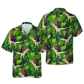 Halloween Skeletons Mummified T-Rex Witch Hat Jack-o'-lantern Tropical Jungle Botanical Design Short-sleeve Hawaiian Shirt