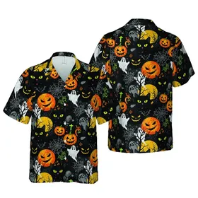 Black Cat Face Jack-o'-Lantern Hawaiian Grunge Mosaic Graveyard Bats Crosses Short-sleeve Hawaiian Shirt