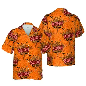 Seamless Red BOO Marquee Light Signs Hawaiian Spiderweb Bat Orange Mosaic Pattern Short-sleeve Hawaiian Shirt