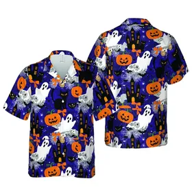 Carved Pumpkin Ghost Cat Castle Orange Black Purple Green Bat Spider Web Hawaiian Pattern Short-sleeve Hawaiian Shirt