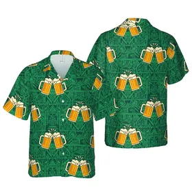 Beer Enthusiast Clinking Mugs Golden Froth Dark Brown Teal Botanical Mosaic Short-sleeve Hawaiian Shirt