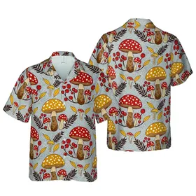 Hawaiian Mushroom Pattern: Yellow Cap, Terracotta Berries, Fern Fronds – Stippled Short-sleeve Hawaiian Shirt