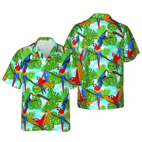 Macaw Toucan Birds Hawaiian Tropical Jungle Palm Fronds Azure Sky Pattern Short-sleeve Hawaiian Shirt