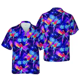 Neon Macaw Parrot Glowing Hibiscus Celestial Laser Grid Deep Indigo Violet Night Scene Short-sleeve Hawaiian Shirt