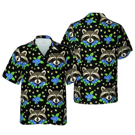 Raccoon Faces Hawaiian Blue Blueberries Green Leaves Deep Black Mosaic Fabric Design Short-sleeve Hawaiian Shirt