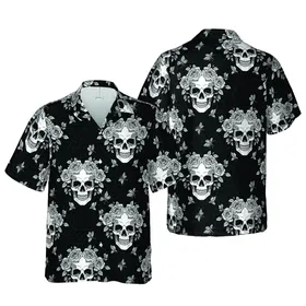 Hawaiian Skull Rose Butterfly Pattern: High Contrast Intricate Black White Gray Motif Short-sleeve Hawaiian Shirt