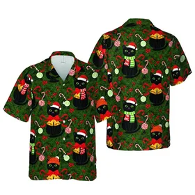 Black Cat Christmas Hawaiian Pattern: Santa Hat Reindeer Feline Holly Ribbons Candy Cane Bells Short-sleeve Hawaiian Shirt