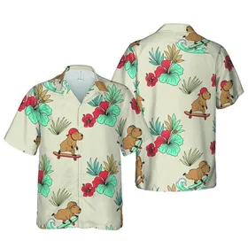 Skateboarding Capybara Hawaiian Pattern: Helmeted Capybaras Tropical Sublimation Design Short-sleeve Hawaiian Shirt