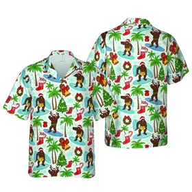 Bigfoot Surfing Christmas Pattern: Hawaiian Waves, Reindeer, Palms & Snowflakes Short-sleeve Hawaiian Shirt