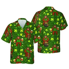 St. Patrick's Bigfoot Leprechaun Hawaiian Ale Clover Forest Green Textile Short-sleeve Hawaiian Shirt