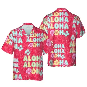 ALOHA ALOHA ALOHA Hawaiian Pattern, Bubbly Retro Letters, Hibiscus Starbursts, Red Leaf Short-sleeve Hawaiian Shirt