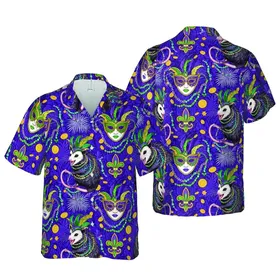 Opossum Mardi Gras Feather Mask Bead Doubloon Fleur-de-Lis Purple Gold Green Design Short-sleeve Hawaiian Shirt