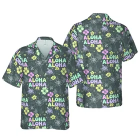 ALOHA Bubbly Text, Hibiscus & Star Accents – Pastel Aqua Charcoal Leaf Design Short-sleeve Hawaiian Shirt
