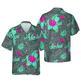 Hot Pink Hibiscus Aloha: Teal Script, Charcoal Tropical Leaves, Hawaiian Waves Short-sleeve Hawaiian Shirt