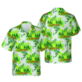 ALOHA Summer Green Pineapple Orange Script Palm Leaf Wave Pattern Detail Short-sleeve Hawaiian Shirt