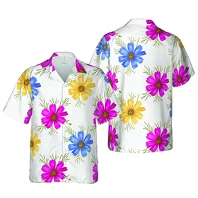 Watercolor Cosmos Hawaiian Pattern - Magenta Pink Purple Blue Yellow Linen Texture Design Short-sleeve Hawaiian Shirt