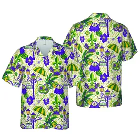 Mardi Gras Hawaiian Print: Purple Green Gold Fleur-de-lis Crowns Masks Lamps & Beads Short-sleeve Hawaiian Shirt