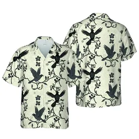 Blackbird Tropical Hawaiian Textile Print: Perched, Flying Birds, Intricate Branches Short-sleeve Hawaiian Shirt