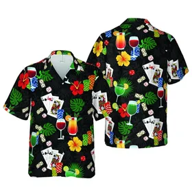 Hawaiian Kings Queens Aces Poker Chips Cocktails Dice Dominoes Seamless Pattern Short-sleeve Hawaiian Shirt