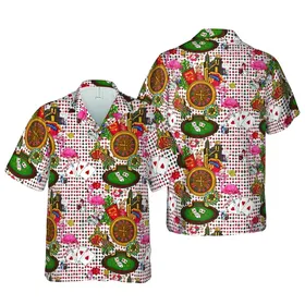 Vegas Casino Tropical Print: Aces Hearts Roulette Dice Cowboy Flamingos Red Gold Green Short-sleeve Hawaiian Shirt
