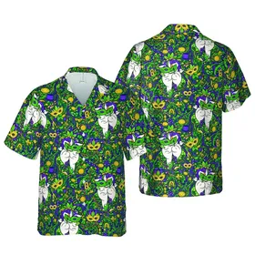 Mardi Gras Derriere Characters Hawaiian Bead Mask Fleur-de-lis Green Purple Gold White Keepsake Short-sleeve Hawaiian Shirt