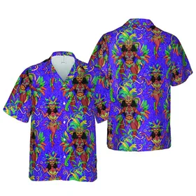 Black Women Carnival Hawaiian Pattern - Ornate Feathered Masks Headdresses Gold Purple Teal Short-sleeve Hawaiian Shirt