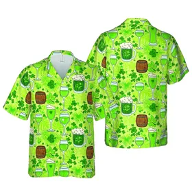 Hawaiian Green Beverage Pint Glass Cocktail Shamrock Barrel Fabric Design Short-sleeve Hawaiian Shirt