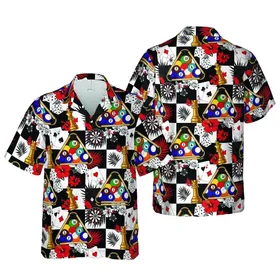 Tropical Billiard Dart Chess Card Dice Pattern: High Contrast Poker Chip Checkerboard Short-sleeve Hawaiian Shirt