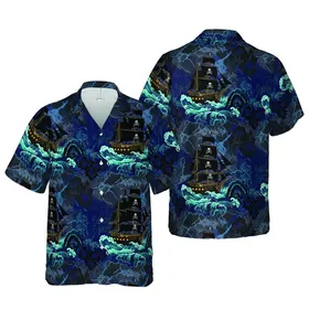 Three-Masted Pirate Ship Crashing Waves Indigo Seascape Turbulent Ocean Design Short-sleeve Hawaiian Shirt