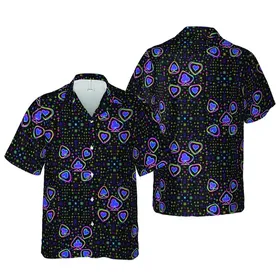 Neon Playing Card Suits, Glowing Star & Plus Sign Mosaic Black Canvas Sublimation Pattern Short-sleeve Hawaiian Shirt