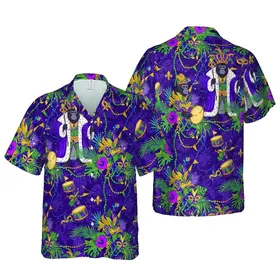 Mardi Gras Anthropomorphic Gorillas Tropical Palm Leaves & Carnival Mask Scene Short-sleeve Hawaiian Shirt