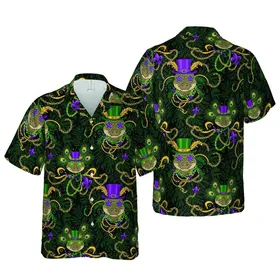 Mardi Gras Alligator Hawaiian Pattern: Star Sunglasses, Top Hat, Fleur-de-Lis, Seamless Short-sleeve Hawaiian Shirt