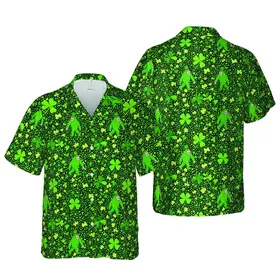 Cartoon Sasquatch Leprechaun Hat: Hawaiian Shamrocks Dark Emerald Lime Green Tiling Design Short-sleeve Hawaiian Shirt