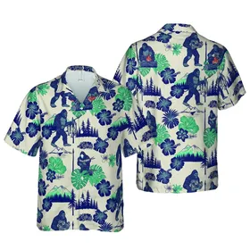 Sasquatch Bigfoot Hawaiian Camping Forest Mountain Pine Pattern Beige Indigo Short-sleeve Hawaiian Shirt