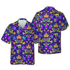 Mardi Gras Celebration Crown Jester Mask Beads Drums Trumpets Violet Green Gold Design Short-sleeve Hawaiian Shirt
