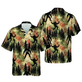 Bigfoot Hawaiian Sasquatch Silhouettes Layered Forest Black Tan Orange Brown Pattern Short-sleeve Hawaiian Shirt